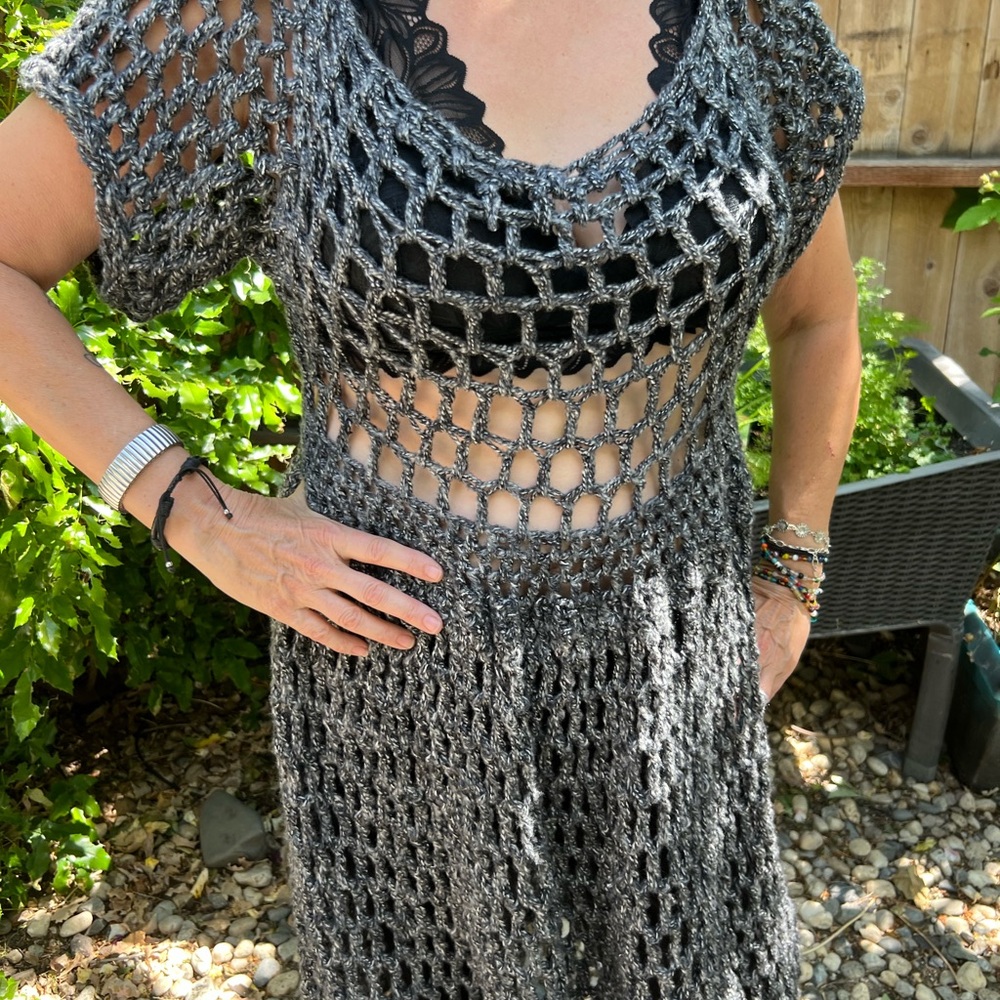 Elegant Charcoal Crochet Swim Cover-Up